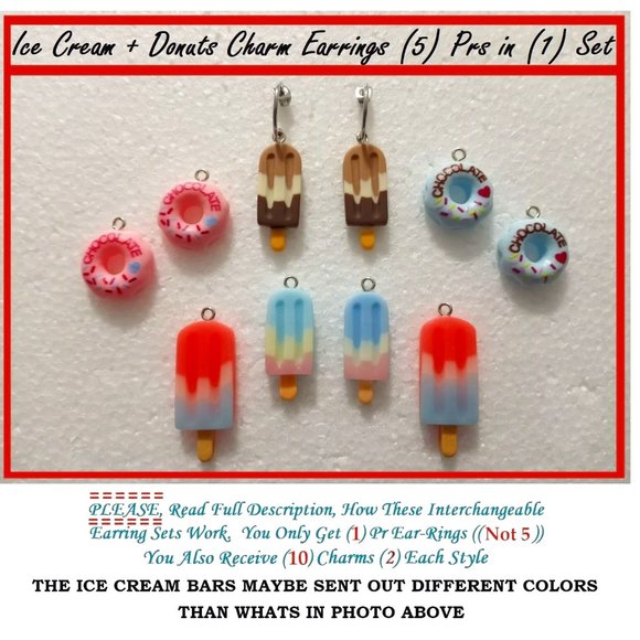 5/$20 Sweet Donut Ice Cream Party Interchangeable Charm Earrings-5 Pairs in Set - Picture 1 of 7